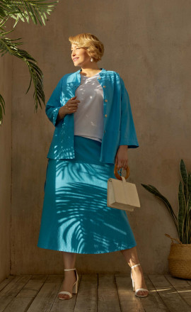 Голубая льняная юбка косого кроя арт.3304