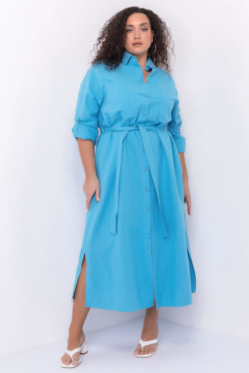 Льняное голубое платье-рубашка 3325